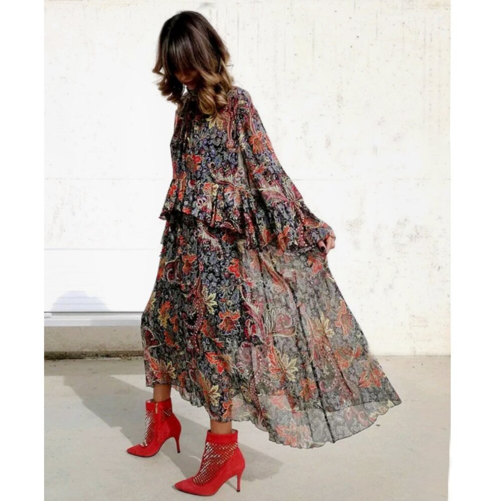 ZARA SHEER PAISLEY BOHO MIDI MAXI DRESS  ROMANTIC RARE FLOWER CHILD HIPPIECORE S